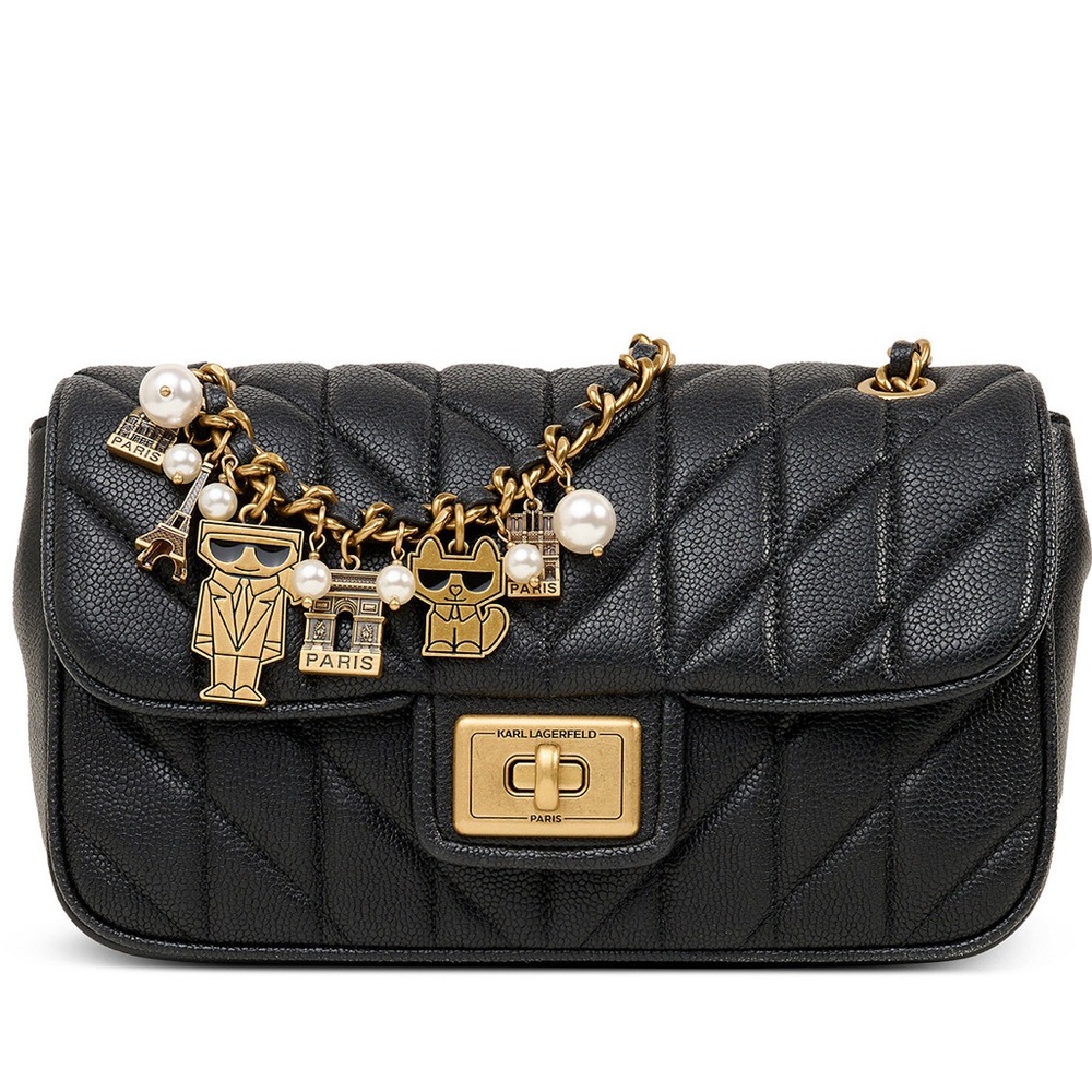 Karl Lagerfeld Black Quilted Shoulder Bag with Gold Accents